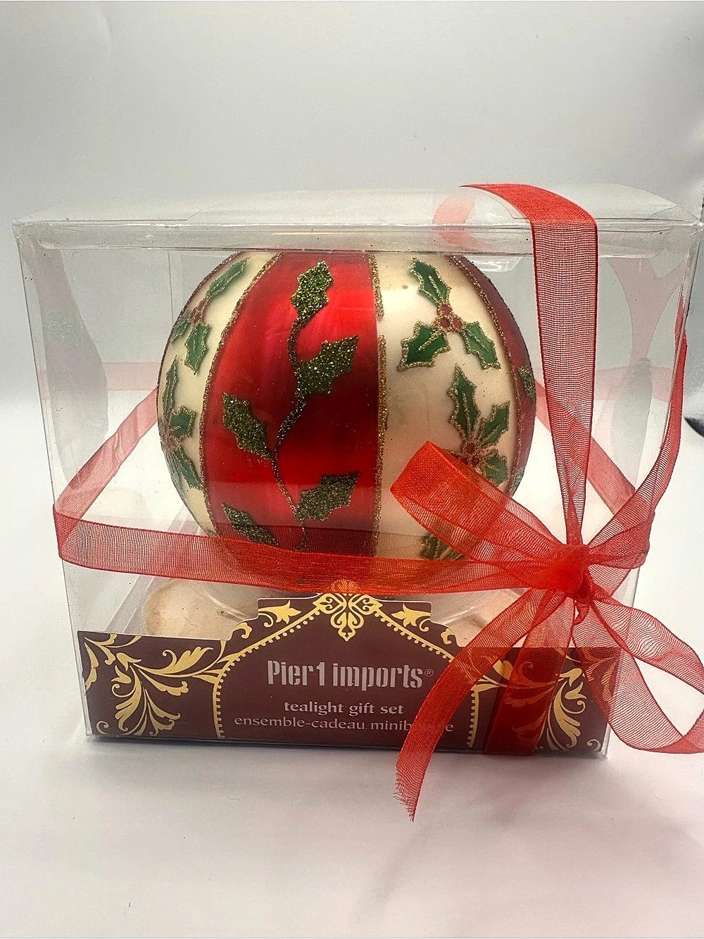 Pier 1 Imports Vintage Christmas Glass Ornament Tealight Gift Set Holly Red Gree